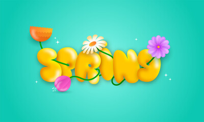 Glossy Orange Spring Balloon Font Decorated With Flowers On Turquoise Background.