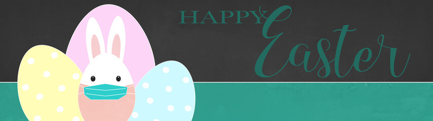 CORONAVIRUS: Happy Easter background panorama greeting card - Easter bunny with mouth mask and colorful painted Easter eggs , green banner on black chalkboard texture
