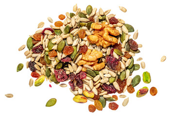Nuts, seeds and dried fruits isolated on white background. Flat lay.