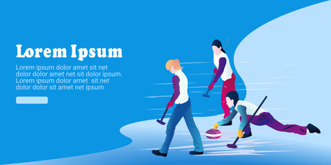Cartoon illustration of an abstract team playing on a rectangular sheet of ice on a blue background. Curling