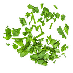 Chopped Fresh Parsley leaves isolated on white background. Pattern of sliced up green Parsley herb. Flat lay, top view.
