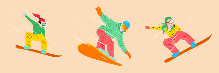 Vector illustration of a girl in the mountains, nimbly snowboarding.  - obrazy, fototapety, plakaty
