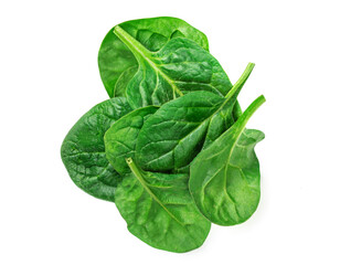 Spinach leaves isolated on white background. Fresh Spinach Closeup. Top view. Flat lay..