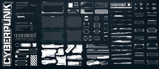 Big set of Sci Fi modern user interface elements. futuristic abstract HUD  frame screen, button, loading, text isolated on black background. GUI elements for game. Data information infographic. Vector - obrazy, fototapety, plakaty
