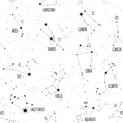 Zodiac seamless pattern, space, star constellations, horoscope symbols. Texture for wallpapers, fabric, wrap, web page backgrounds, vector illustration