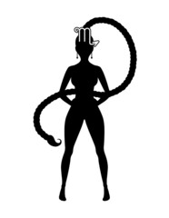 Scorpio zodiac sign artwork, adult coloring book page, beautiful horoscope symbol girl, vector illustration