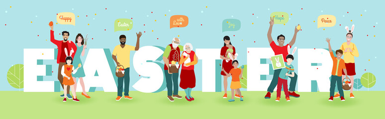 Fototapeta premium Happy Easter with Love, Joy, Hope, Peace greeting vector banner. Big family of grandparents, young couples, kids with traditional Easter eggs basket, cute bunny ears, big letters outdoor in the park