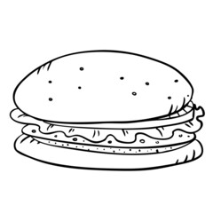 Fast food burger with cutlet, pmidor and salad. Vector in doodle style