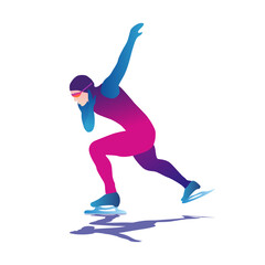 Fototapeta na wymiar Cartoon illustration of an abstract man skating on ice on abstract blue background. speed skating