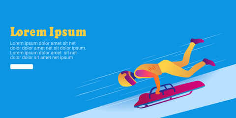 Cartoon illustration of an abstract man riding a two-strip sled on an ice chute on blue background. skeleton