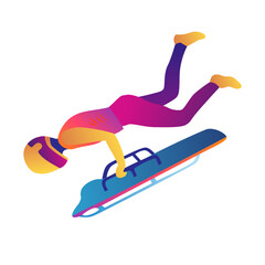 Cartoon illustration of an abstract man riding a two-strip sled on an ice chute on blue background. skeleton