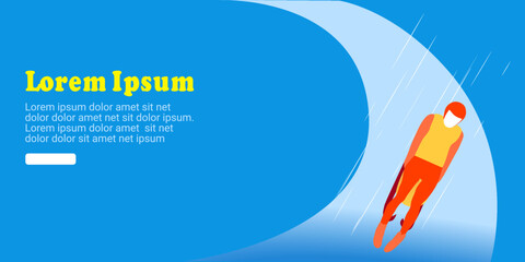 UI design of an abstract man riding a two-strip sled on an ice chute on blue background. luge