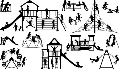 Children girl and boy playing different games in the playground vector silhouette collection - 485817777
