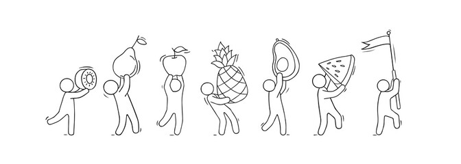 Happy people walking with fresh fruits.