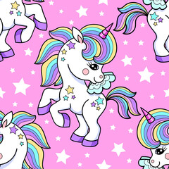 Seamless pattern with rainbow unicorn pony. For children's design of fabric, wallpaper, wrapping, paper, backgrounds and so on. Vector