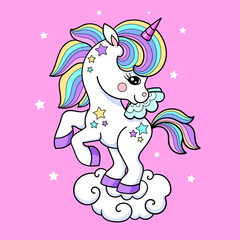 Unicorn pony baby Rainbow on a pink background. Cartoon character., cute fantasy animal. For children's design of prints, posters, stickers, postcards, cards. Vector
