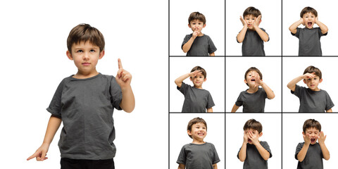 Set of images of little cute kid, boy isolated on white studio background. Education, emotions,...