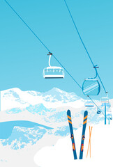 UI design of ski resort. The homepage design of a cable car, moving in the twilight sky in the mountains. vector © Serendipity art
