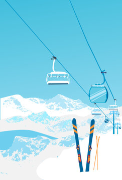 UI design of ski resort. The homepage design of a cable car, moving in the twilight sky in the mountains. vector