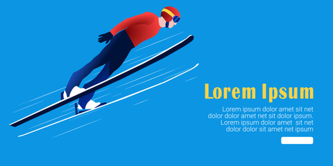 UI design of an abstract man ski jumping on a blue background. Ski Jumping, Nordic Combined. - obrazy, fototapety, plakaty