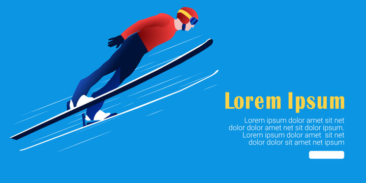 UI design of an abstract man ski jumping on a blue background. Ski Jumping, Nordic Combined.