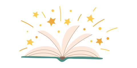 Fototapeta Vector open book with flying stars. Magic reading. Knowledge. Fairy tale. obraz
