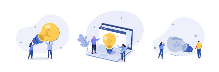 Idea finding illustration set. Characters standing near light bulbs and celebrating success. People generating creative business ideas. Business solution concept. Vector illustration.

