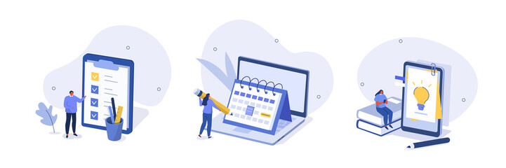 Planning schedule illustration set. Characters writing notes and putting stickers on calendar, filling to do list and creative diary. Daily planning concept. Vector illustration.  © Irina Strelnikova
