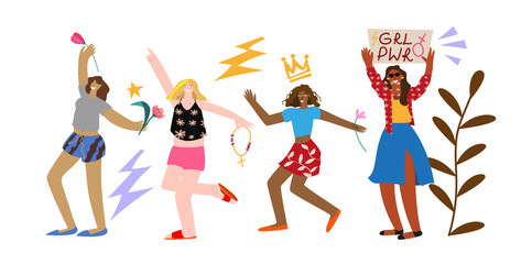 Illustration of happy girls dancing with banner grl pwr