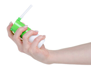 Spray for the throat in hand on white background isolation
