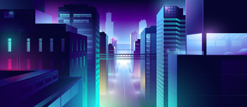 Futuristic night city. Cityscape on a colorful background with bright and glowing neon lights. Wide city front perspective view. Cyberpunk and retro wave style illustration.