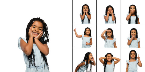 Set of images of little cute kid, beautiful african girl isolated on white studio background. Education, emotions, facial expression and childhood concept.