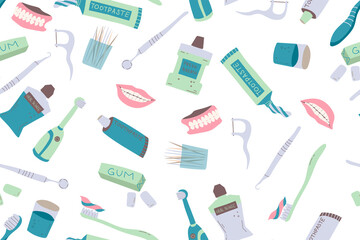 Seamless pattern of teeth care equipment and stuff, color flat vector illustration
