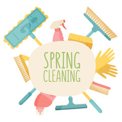 Spring cleaning. Template for house cleaning with various cleaning tools. Flat vector illustration on white background.