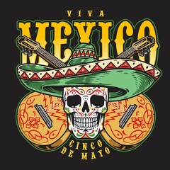 Obraz premium Calavera skull in sombrero label