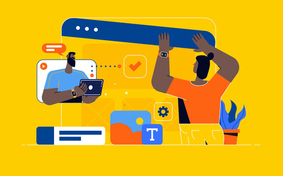 Young designers doing presentation or preparing a new project. Creative team of web designers prototyping a new web site, landing page or mobile application. Teamwork concept. Vector illustration