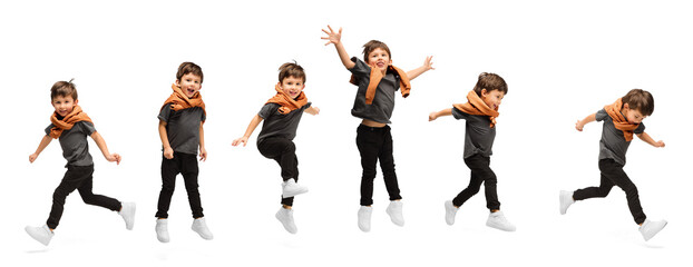 Collage with images of little cute kid, happy boy jumping, running isolated on white studio...