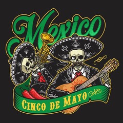 Fototapeta na wymiar Skeleton mariachi musicians vintage emblem