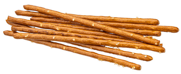 Stack of salted pretzel sticks isolated on white background