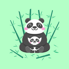 CUTE MOTHER PANDA IS SITTING WITH HER CHILD. PREMIUM VECTOR.