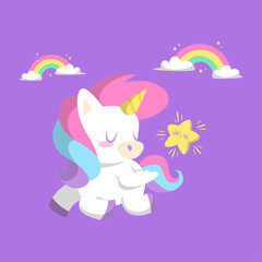 CUTE FLYING UNICORN WITH A LITTLE STAR. PREMIUM VECTOR.