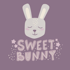 Obraz na płótnie Canvas Cute rabbit with lettering sweet bunny on a violet background. Concept for baby shower and gender party. Baby reveal. Ready to print on a baby bodysuits, rompers, t-shirts and other clothes.