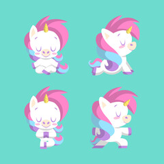 CUTE UNICORN IN SOME DIFFERENT YOGA POSSE. PREMIUM VECTOR.