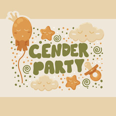 Banner with a lettering gender party in cute pastel colours. Baby shower and baby reveal concept. Printable for clothes, baby bodysuits, rompers, jackets, scrapbook paper and other decorations. Vector