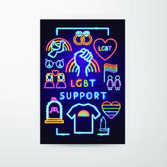LGBT Support Neon Flyer. Vector Illustration of Pride Promotion.