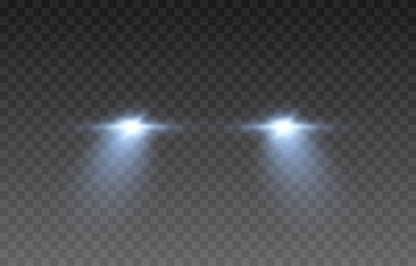 Vector light from the headlights PNG. Light from the headlights of a car on an isolated transparent background. Round headlights, blue light PNG. Road lighting. PNG.