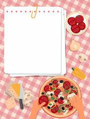 Template for menu or cooking recipe. On the table are: a sheets of paper, pepper, mushrooms, tomatoes, onion, cheese. Hands are cooking pizza. Top view. Vector Illustration, flat style