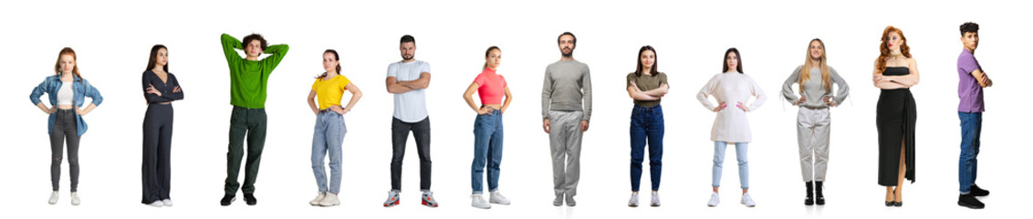 Collage of different people, young men and women, boys and girls of different age in casual cloth standing in a line isolated over white background
