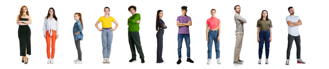 Collage of different people, men and women, of different age in casual cloth standing in a line isolated over white background