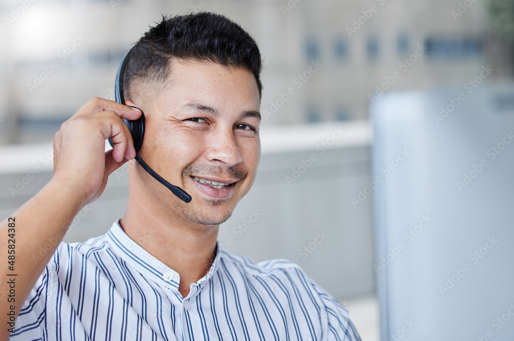 Poster yes we should be able to handle this no problem. shot of a young businessman working in a call cente